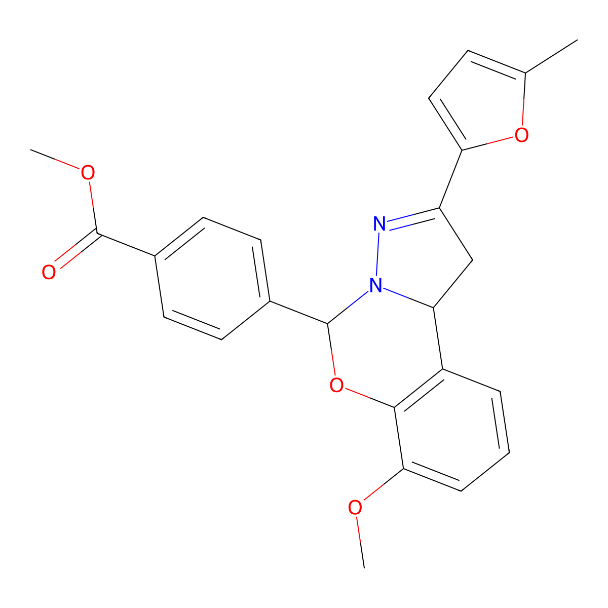 Methyl 4-[7-methoxy-2-(5-methylfuran-2-yl)-1,10b-dihydropyrazolo[1,5-c][1,3]benzoxazin-5-yl]benzoate molecular structure, CAS 423130-94-3