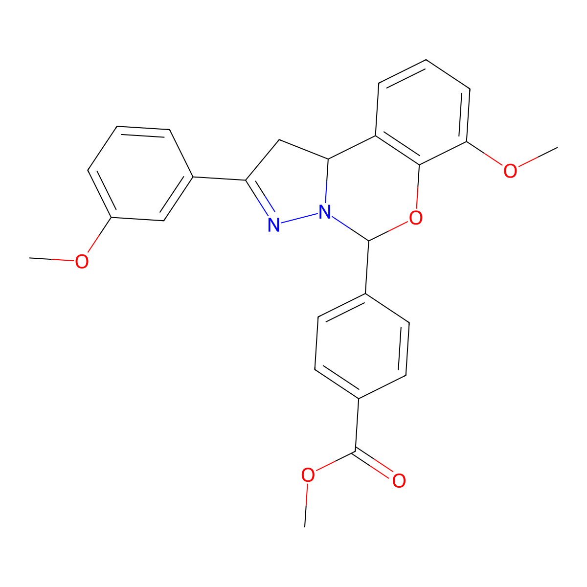 Methyl 4-[7-methoxy-2-(3-methoxyphenyl)-1,10b-dihydropyrazolo[1,5-c][1,3]benzoxazin-5-yl]benzoate molecular structure, CAS 423131-18-4
