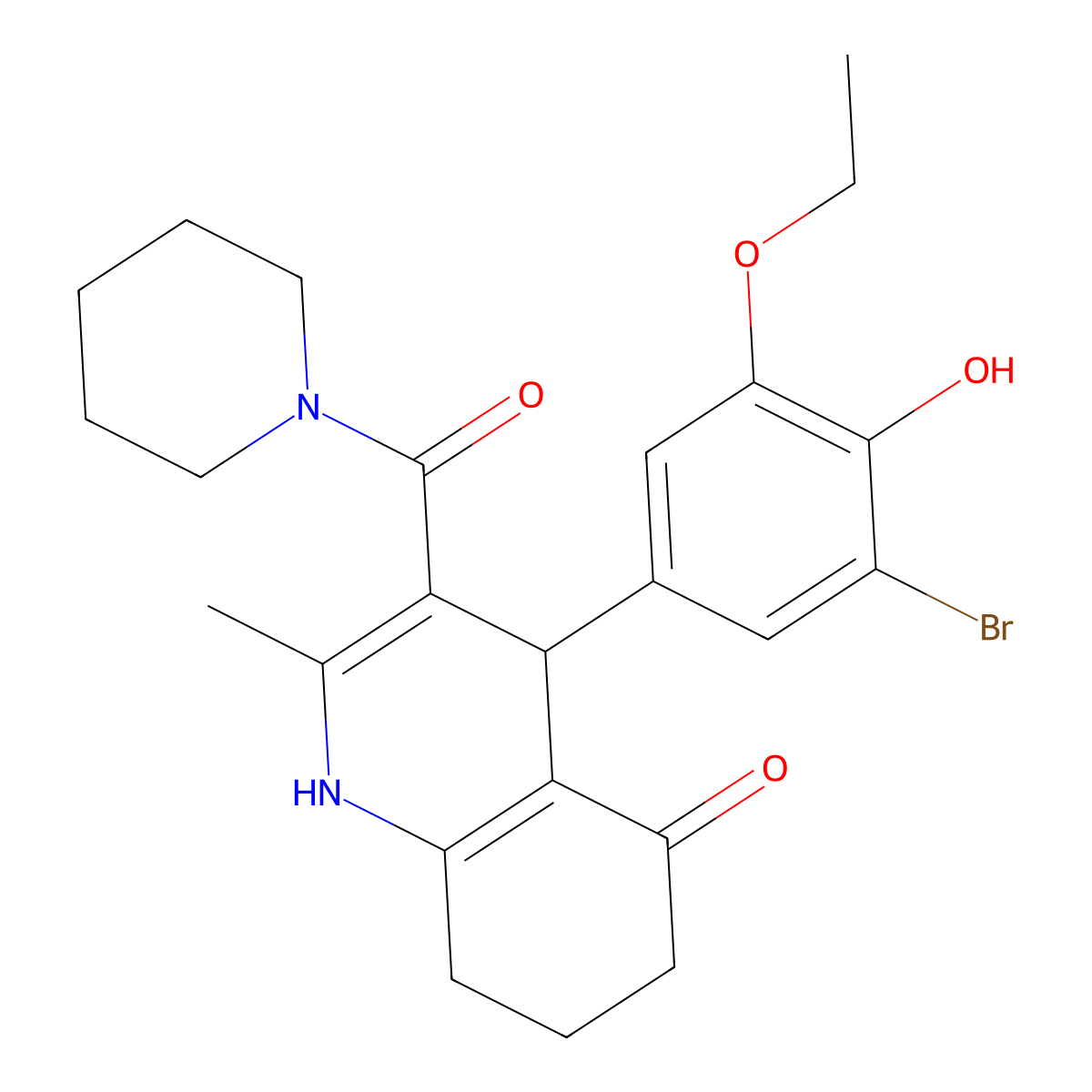 4-(3-bromo-5-ethoxy-4-hydroxyphenyl)-2-methyl-3-(1-piperidinylcarbonyl)-4,6,7,8-tetrahydro-5(1H)-quinolinone molecular structure, CAS 423136-99-6