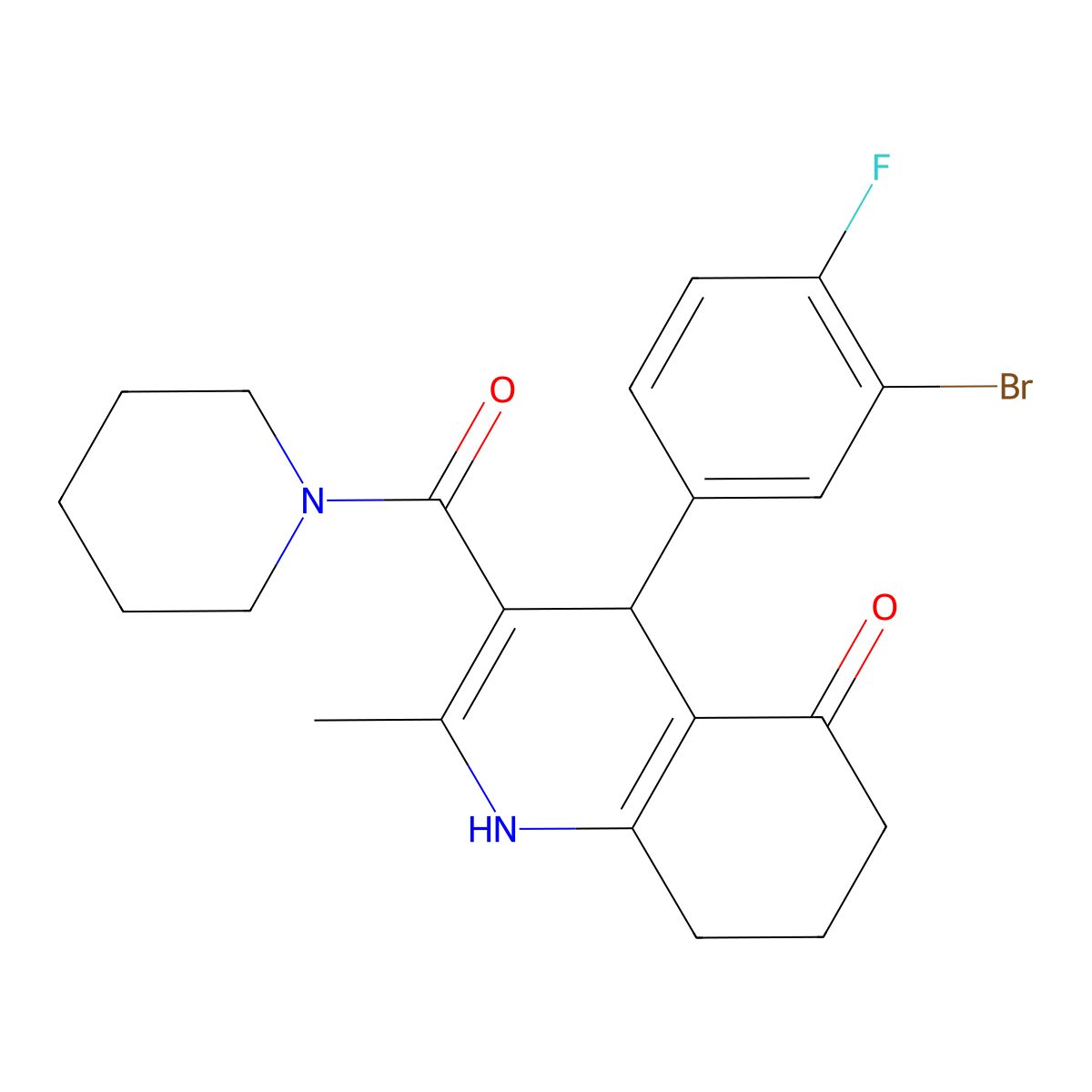 4-(3-bromo-4-fluorophenyl)-2-methyl-3-(piperidine-1-carbonyl)-4,6,7,8-tetrahydro-1H-quinolin-5-one molecular structure, CAS 423137-02-4