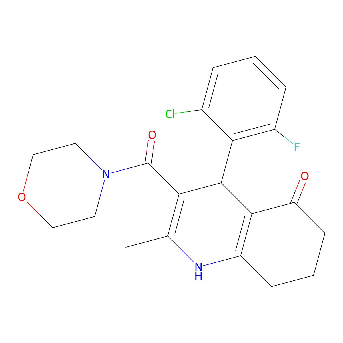 4-(2-chloro-6-fluorophenyl)-2-methyl-3-(4-morpholinylcarbonyl)-4,6,7,8-tetrahydro-5(1H)-quinolinone molecular structure, CAS 423137-40-0
