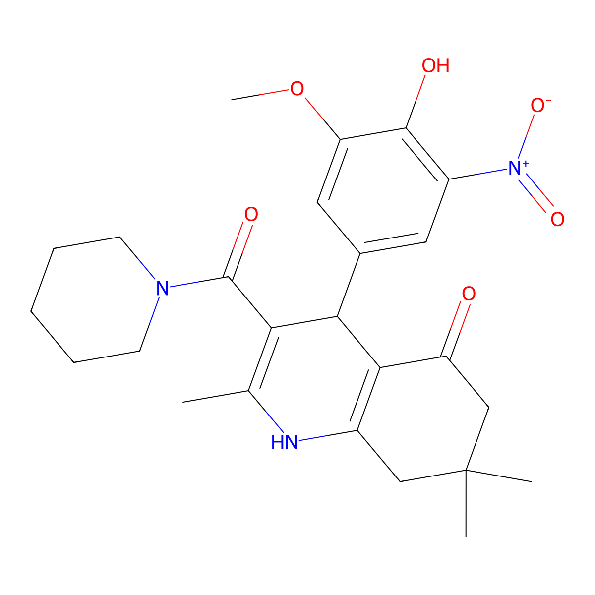 4-(4-Hydroxy-3-methoxy-5-nitrophenyl)-2,7,7-trimethyl-3-(piperidine-1-carbonyl)-1,4,6,8-tetrahydroquinolin-5-one molecular structure, CAS 423138-40-3