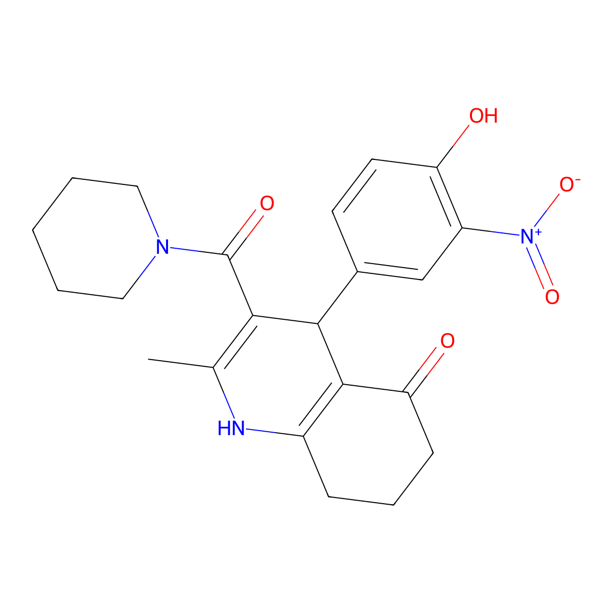 4-(4-hydroxy-3-nitrophenyl)-2-methyl-3-(piperidine-1-carbonyl)-4,6,7,8-tetrahydro-1H-quinolin-5-one molecular structure, CAS 423139-37-1