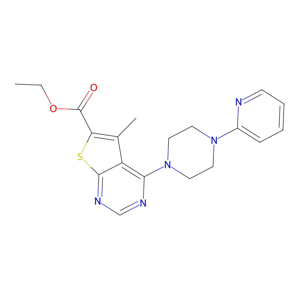 Ethyl 5-methyl-4-(4-pyridin-2-ylpiperazin-1-yl)thieno[2,3-d]pyrimidine-6-carboxylate molecular structure, CAS 423142-90-9