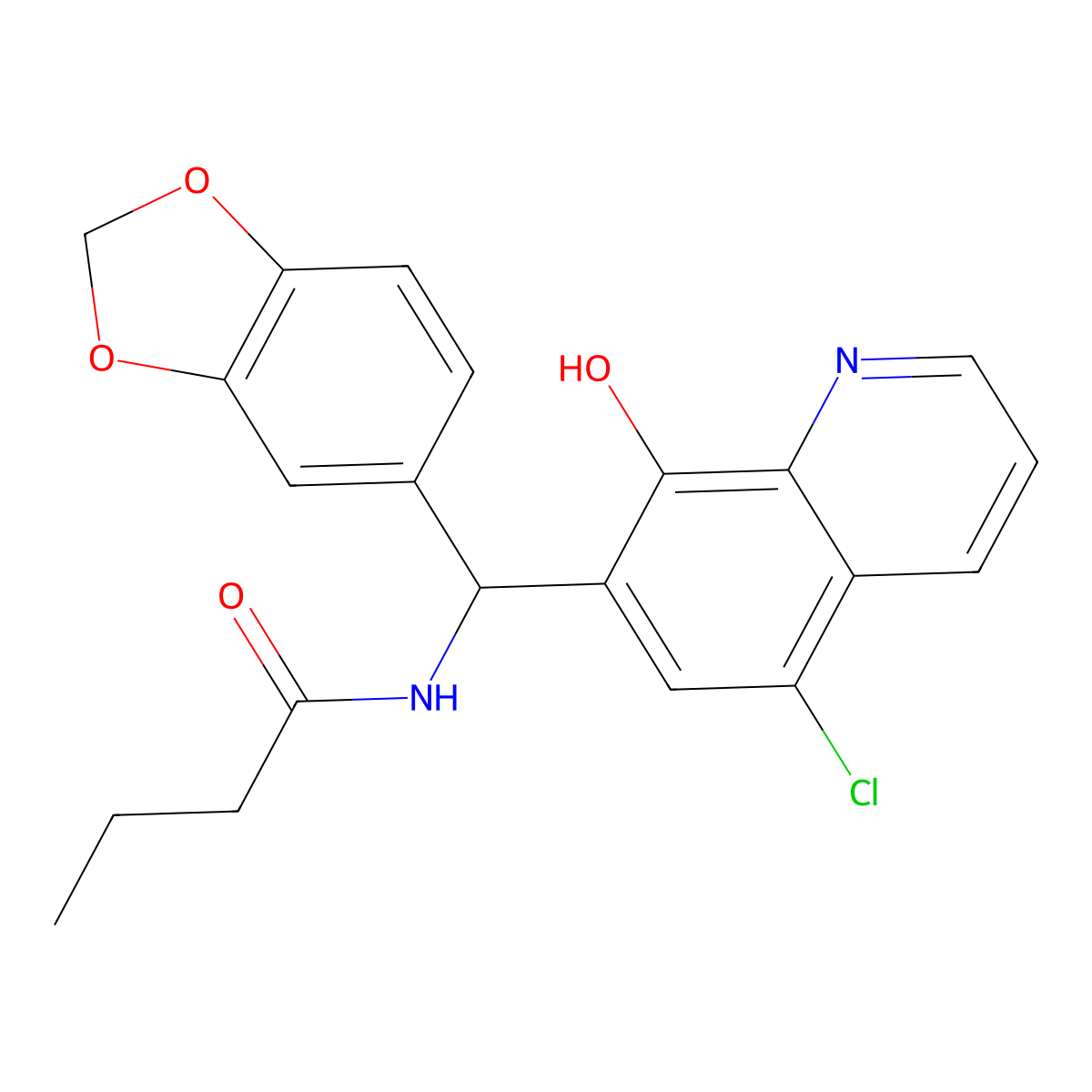 N-(Benzo[d][1,3]dioxol-5-yl(5-chloro-8-hydroxyquinolin-7-yl)methyl)butyramide molecular structure, CAS 423145-35-1