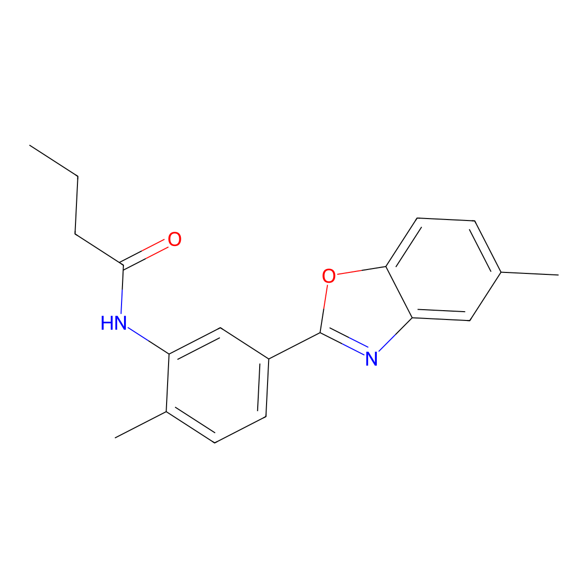 N-[2-methyl-5-(5-methyl-1,3-benzoxazol-2-yl)phenyl]butanamide molecular structure, CAS 423146-61-6