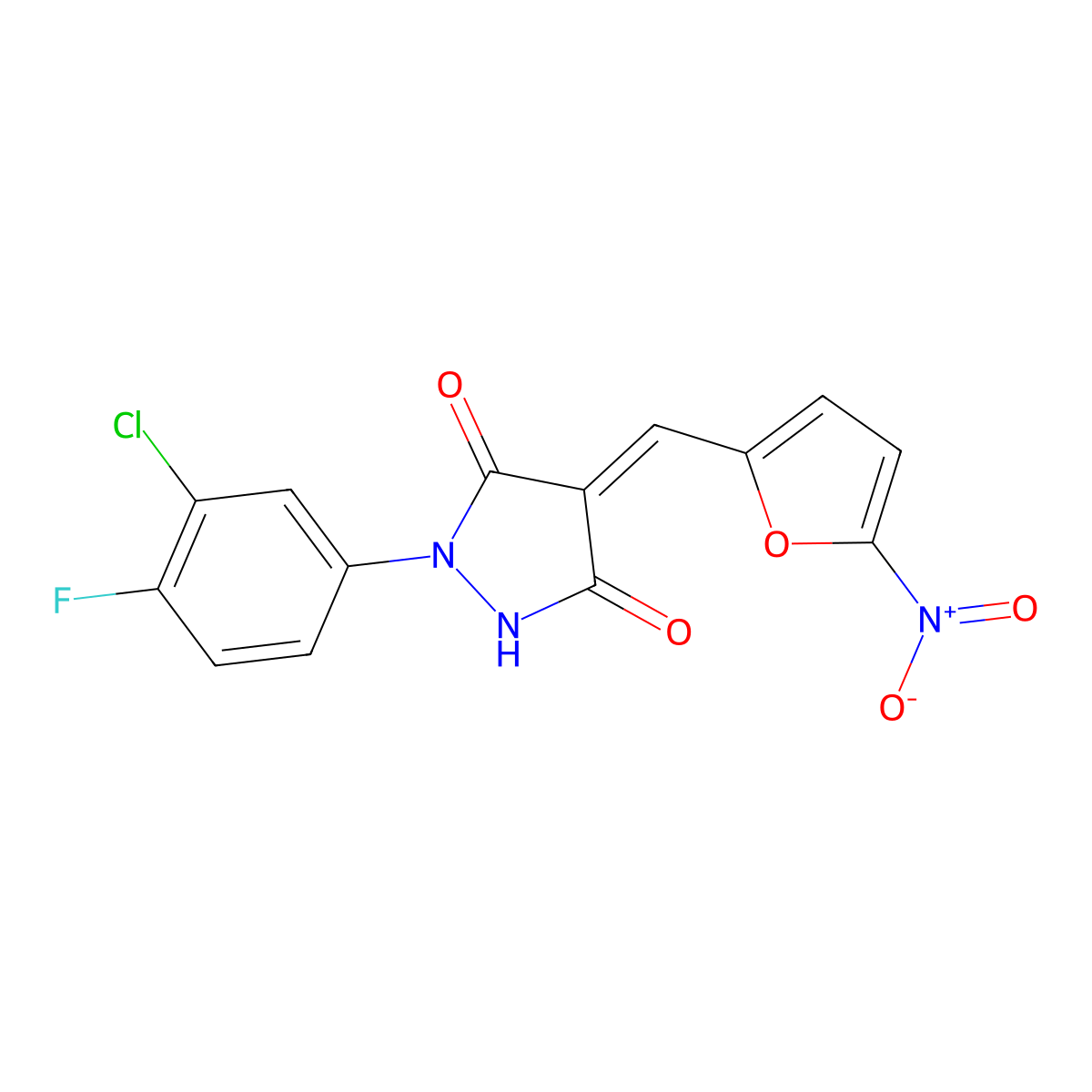 (E)-1-(3-chloro-4-fluorophenyl)-4-((5-nitrofuran-2-yl)methylene)pyrazolidine-3,5-dione molecular structure, CAS 423148-78-1