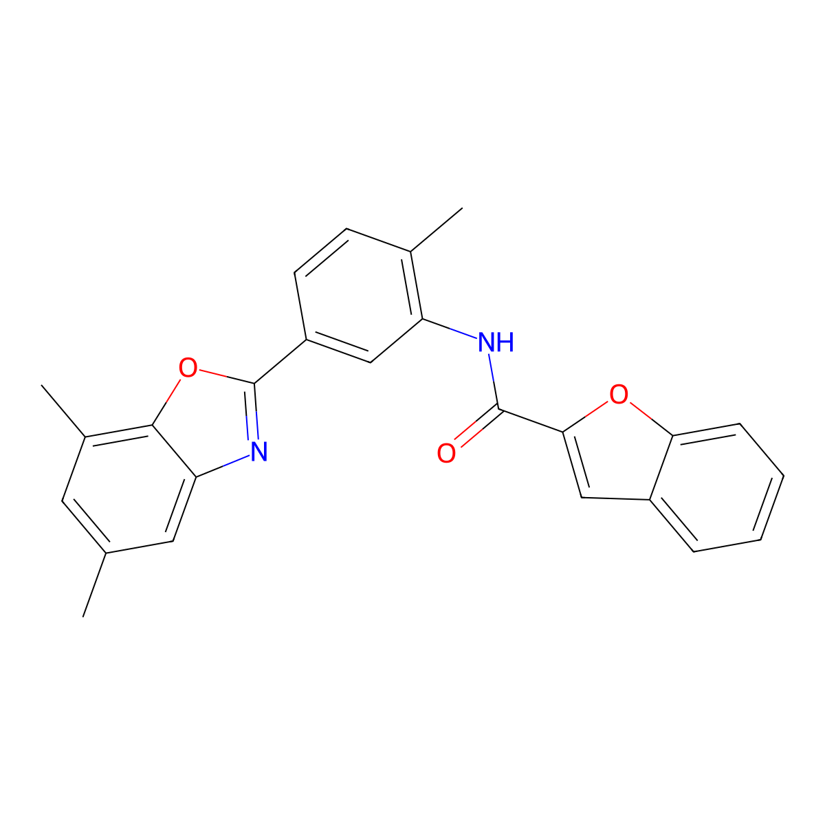 N-[5-(5,7-dimethyl-1,3-benzoxazol-2-yl)-2-methylphenyl]-1-benzofuran-2-carboxamide molecular structure, CAS 423148-91-8