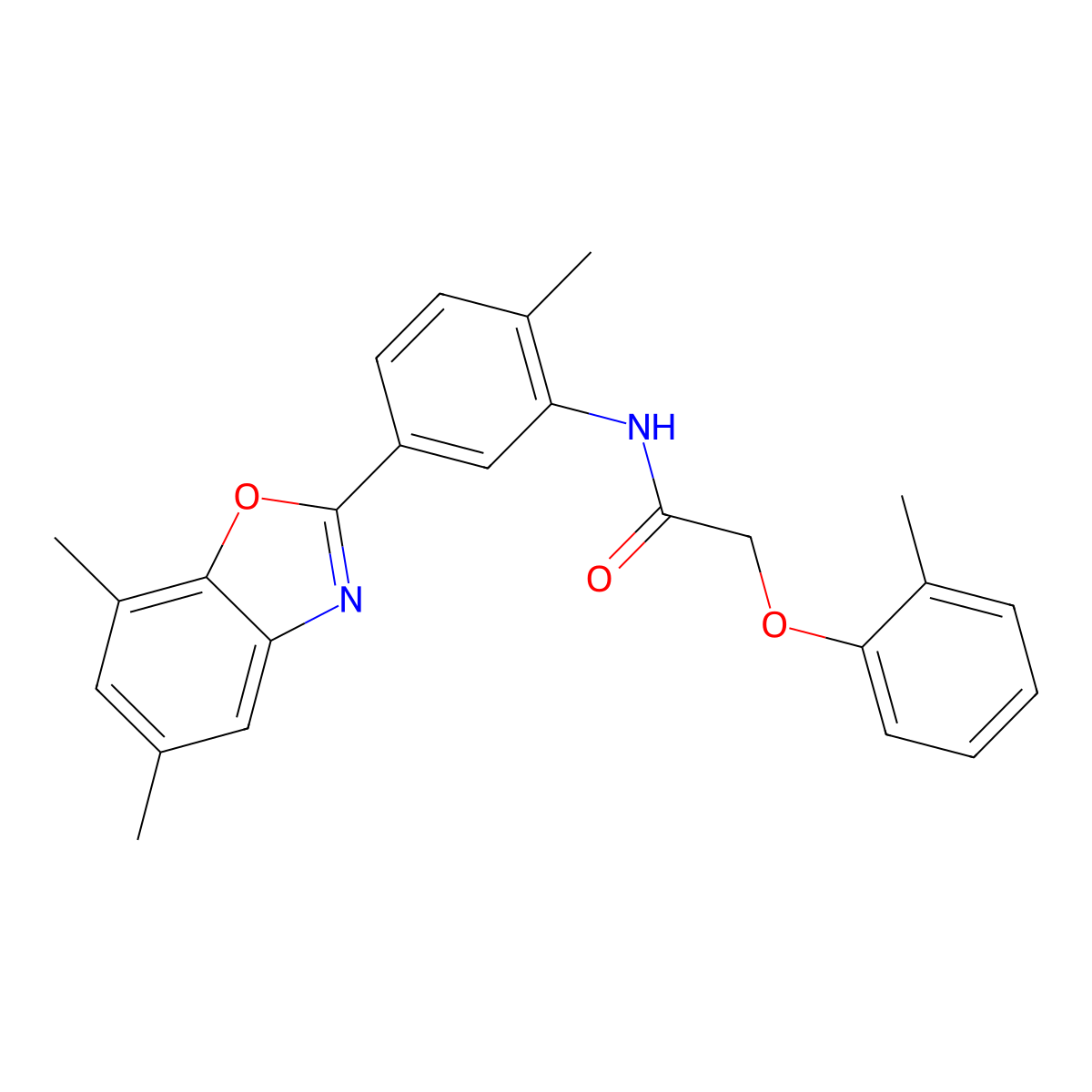 N-[5-(5,7-dimethyl-1,3-benzoxazol-2-yl)-2-methylphenyl]-2-(2-methylphenoxy)acetamide molecular structure, CAS 423149-75-1