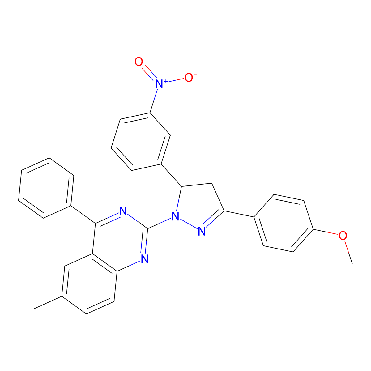 2-[5-(4-Methoxyphenyl)-3-(3-nitrophenyl)-3,4-dihydropyrazol-2-yl]-6-methyl-4-phenylquinazoline molecular structure, CAS 423151-52-4