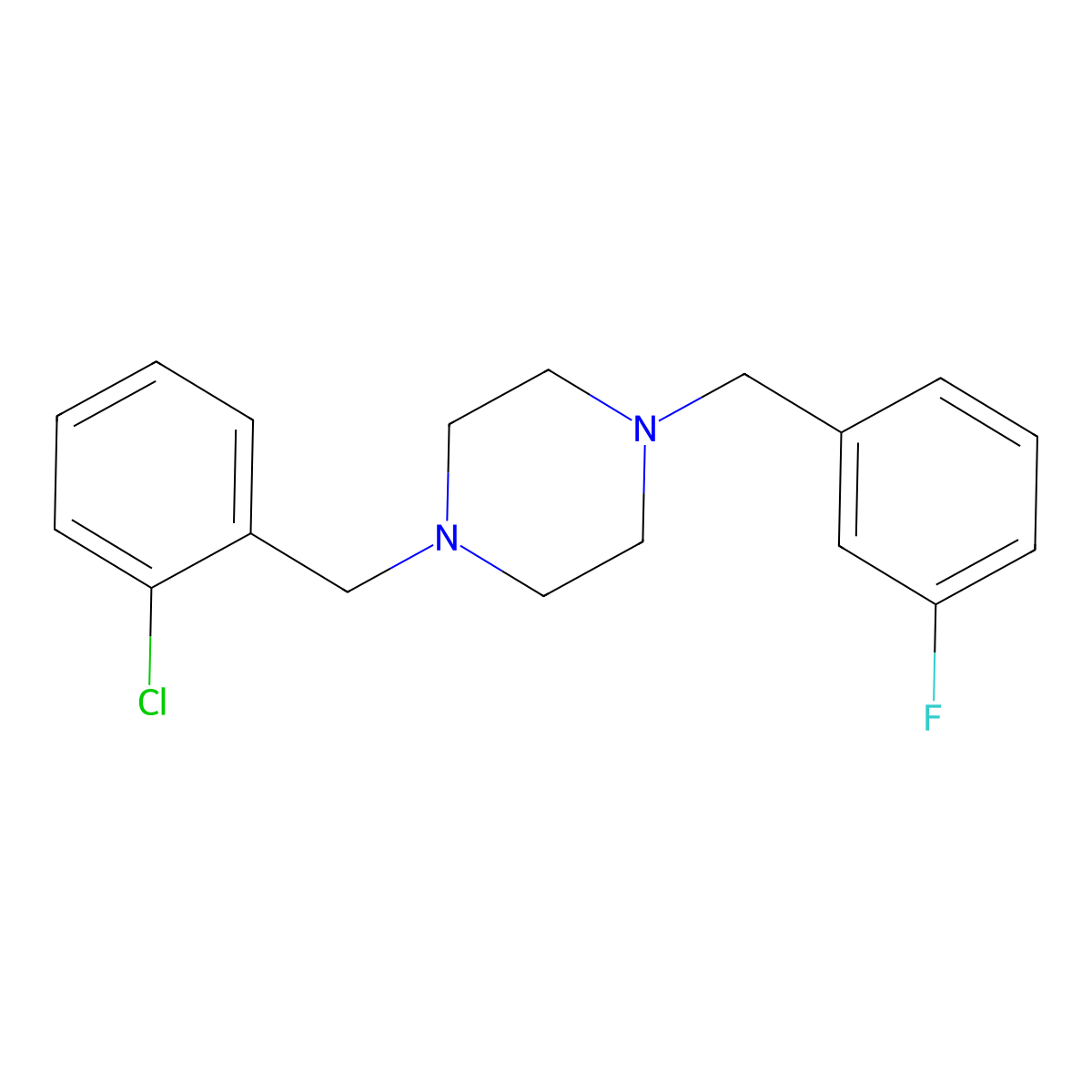 1-[(2-Chlorophenyl)methyl]-4-[(3-fluorophenyl)methyl]piperazine molecular structure, CAS 423153-32-6
