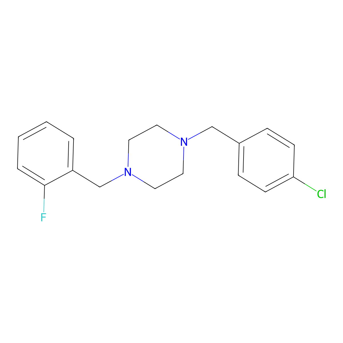 1-[(4-Chlorophenyl)methyl]-4-[(2-fluorophenyl)methyl]piperazine molecular structure, CAS 423153-66-6