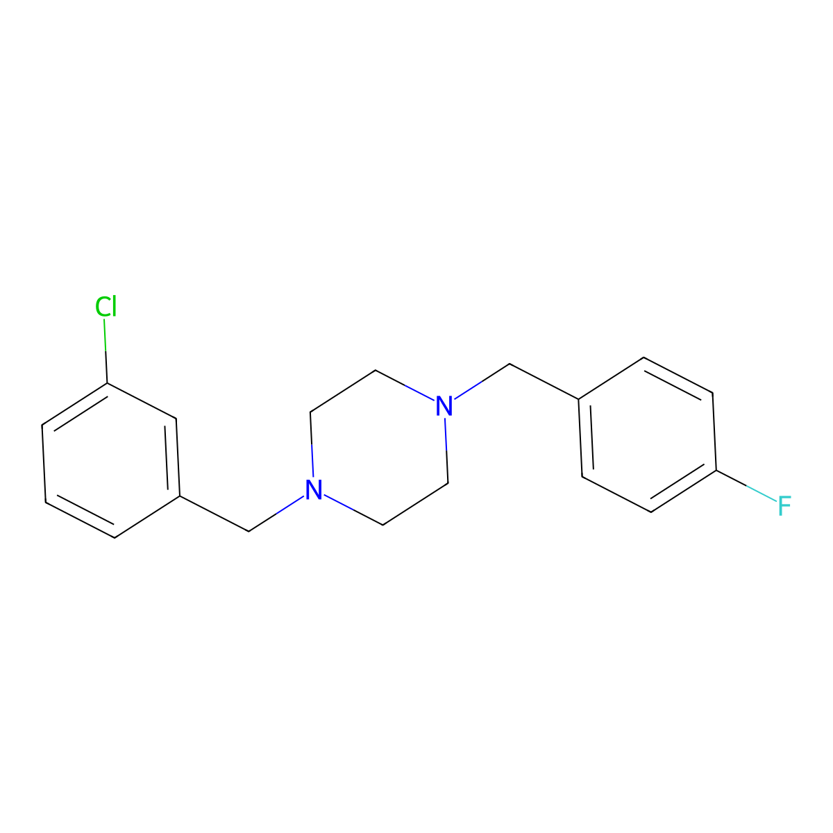 1-[(3-Chlorophenyl)methyl]-4-[(4-fluorophenyl)methyl]piperazine molecular structure, CAS 423153-76-8