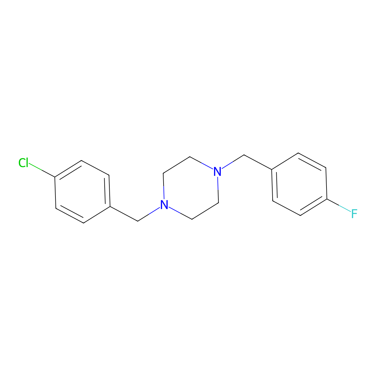 1-[(4-Chlorophenyl)methyl]-4-[(4-fluorophenyl)methyl]piperazine molecular structure, CAS 423153-77-9