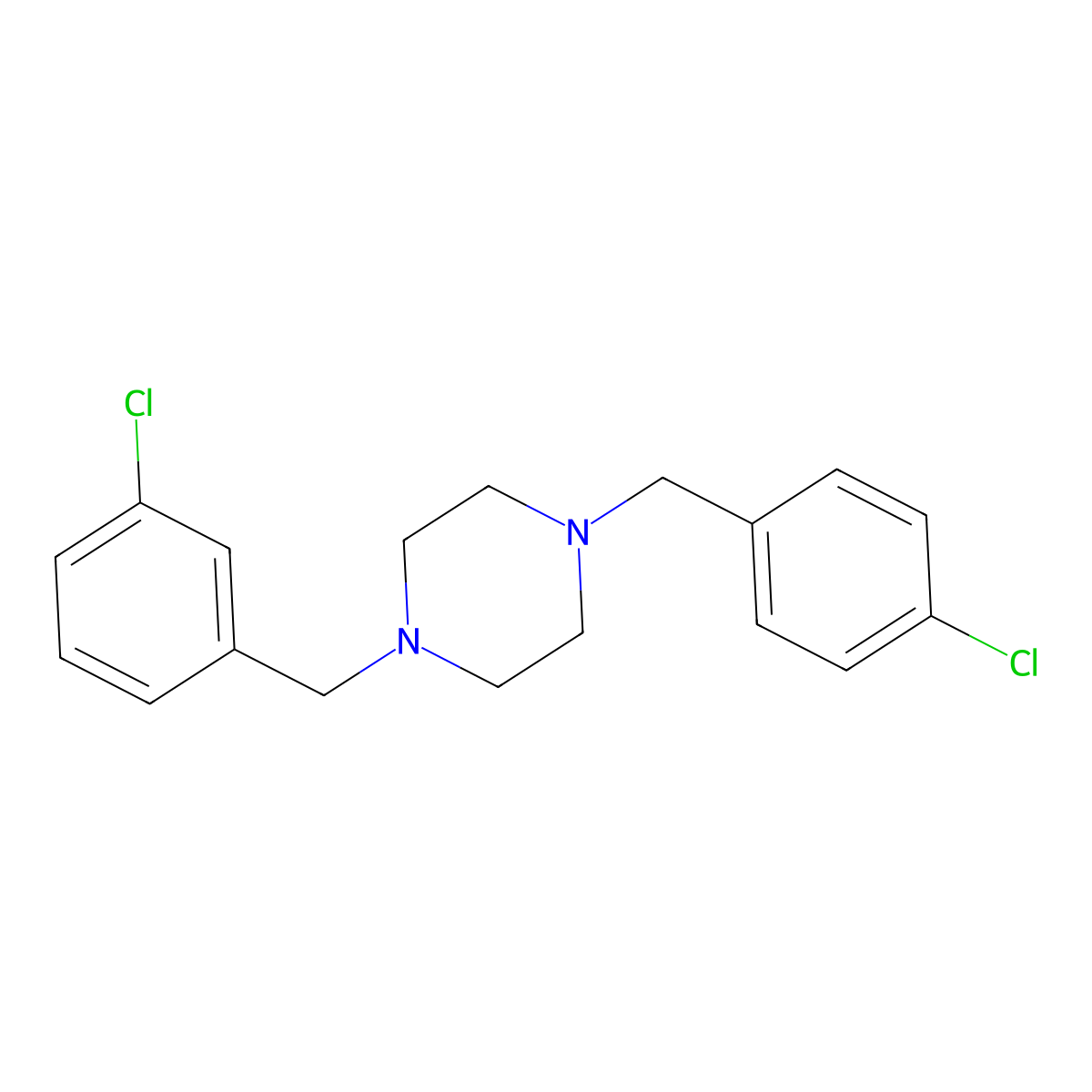 1-[(3-Chlorophenyl)methyl]-4-[(4-chlorophenyl)methyl]piperazine molecular structure, CAS 423153-88-2