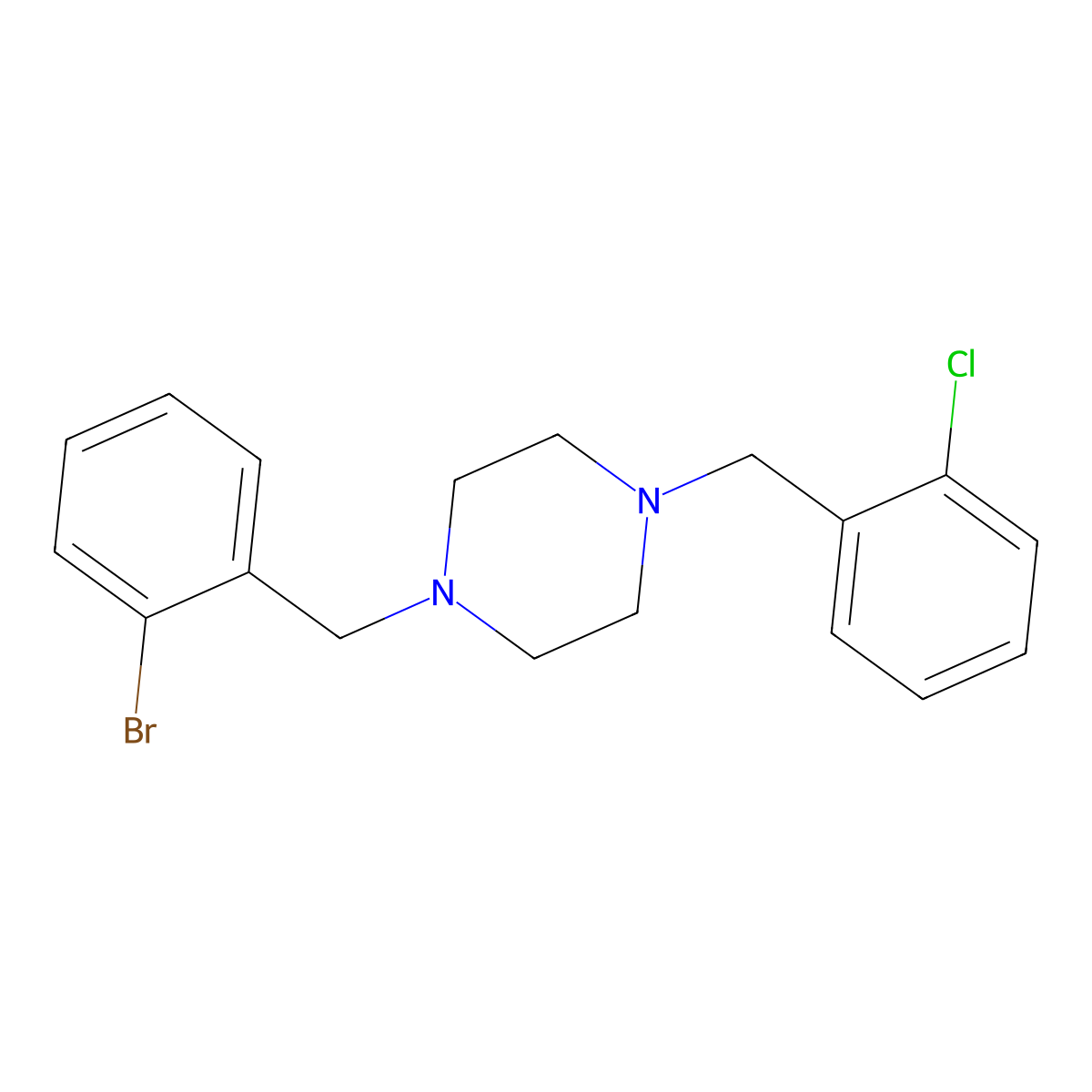 1-[(2-Bromophenyl)methyl]-4-[(2-chlorophenyl)methyl]piperazine molecular structure, CAS 423154-21-6