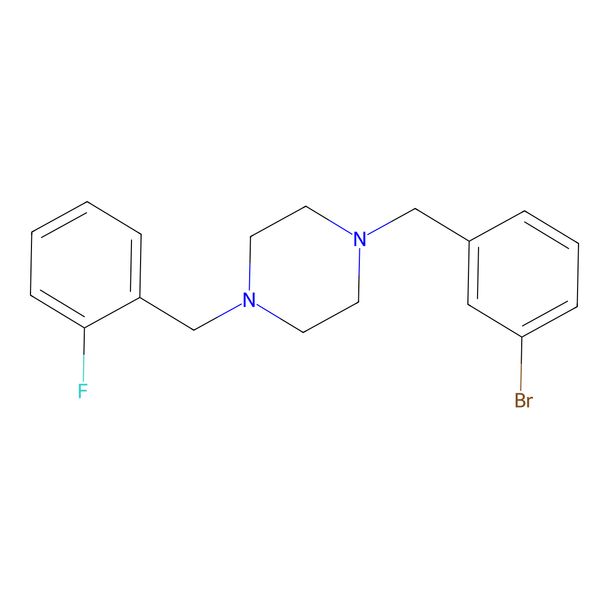 1-[(3-Bromophenyl)methyl]-4-[(2-fluorophenyl)methyl]piperazine molecular structure, CAS 423154-45-4