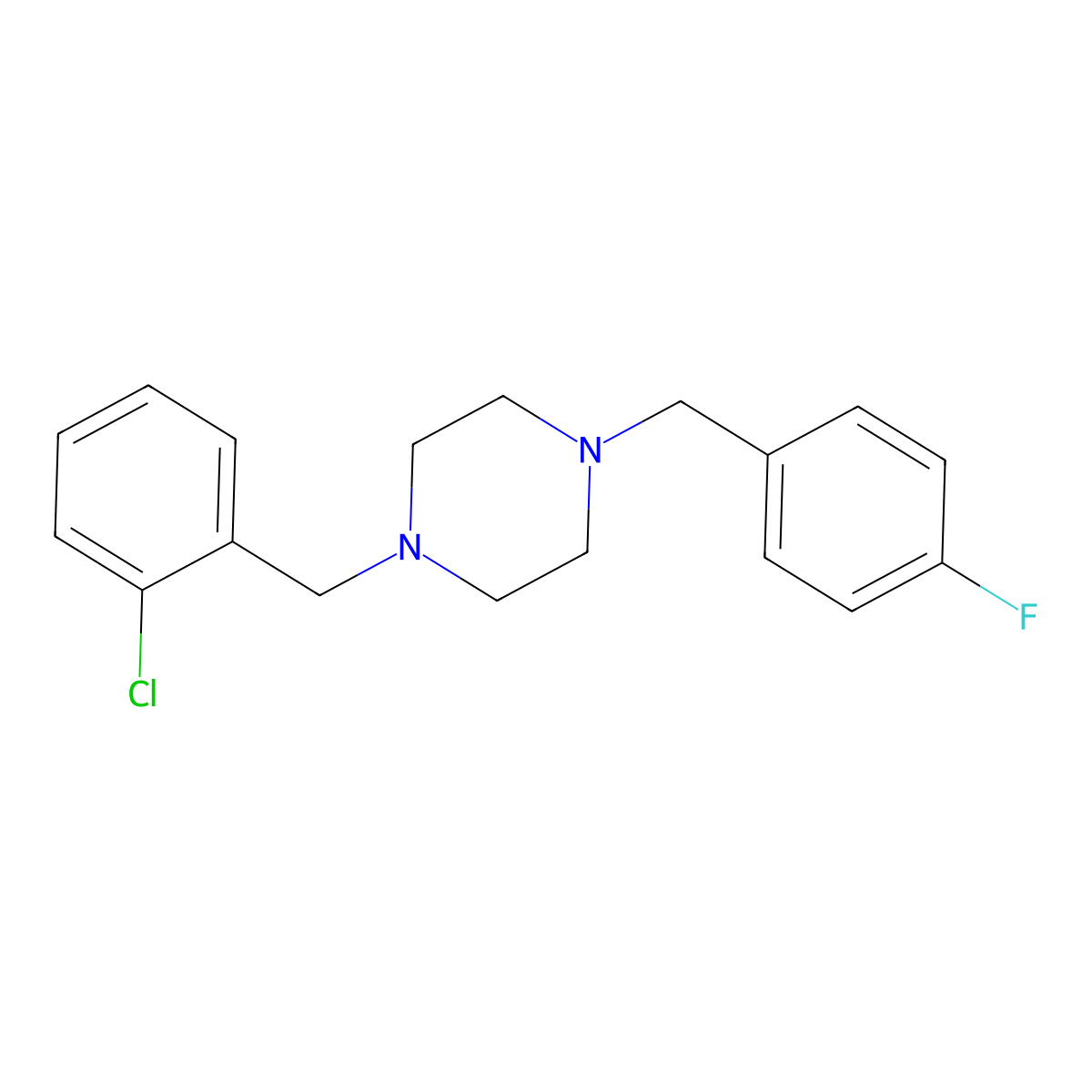 1-[(2-Chlorophenyl)methyl]-4-[(4-fluorophenyl)methyl]piperazine molecular structure, CAS 423154-66-9