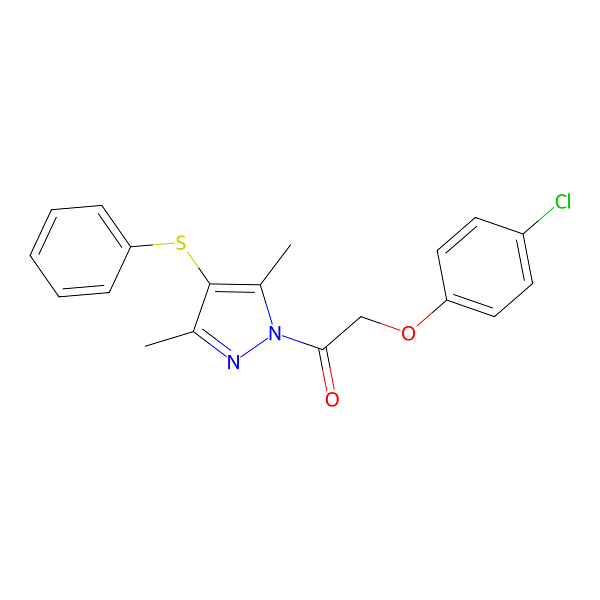 2-(4-chlorophenoxy)-1-(3,5-dimethyl-4-(phenylthio)-1H-pyrazol-1-yl)ethanone molecular structure, CAS 423154-74-9