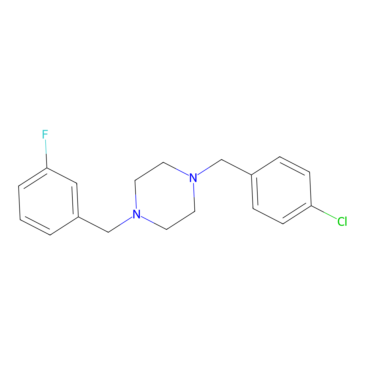 1-[(4-Chlorophenyl)methyl]-4-[(3-fluorophenyl)methyl]piperazine molecular structure, CAS 423154-79-4