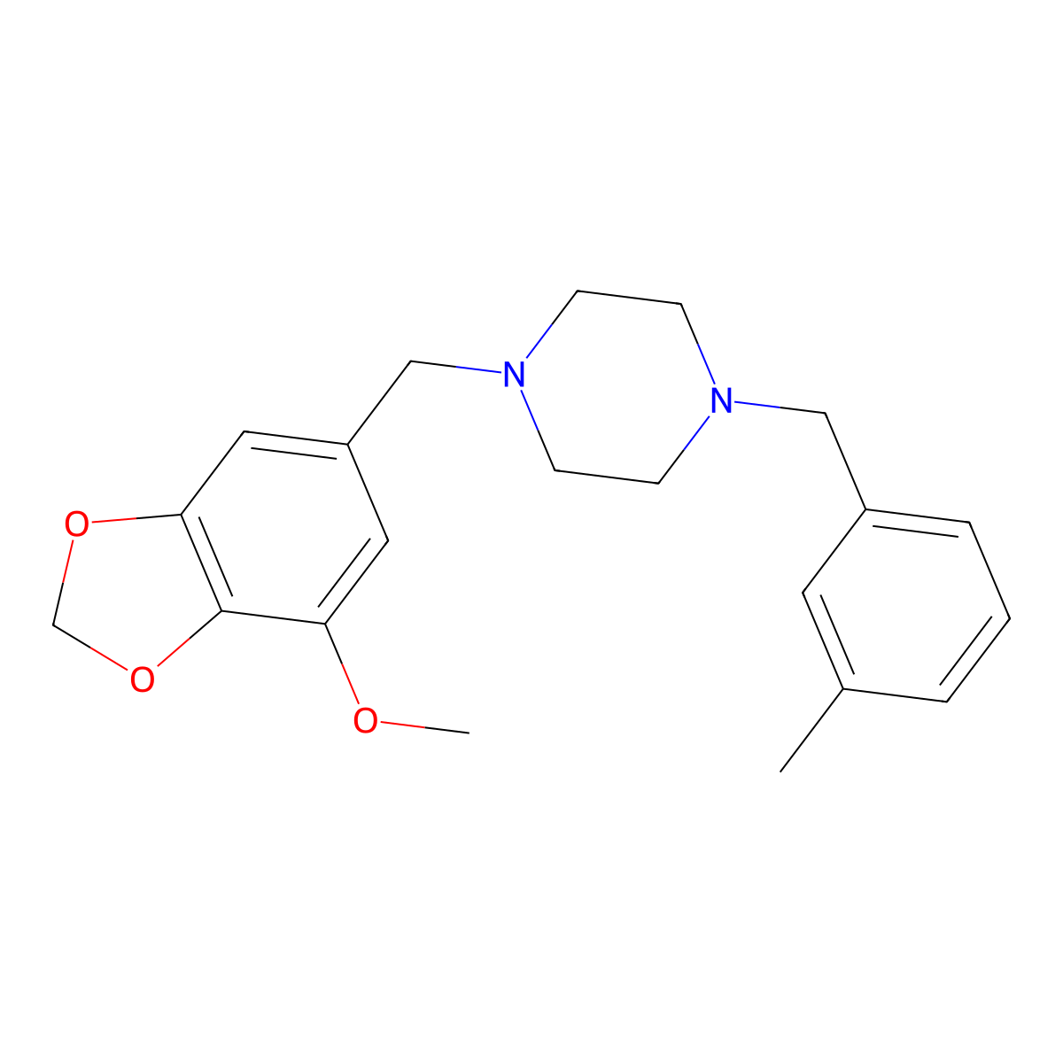 1-[(7-Methoxy-1,3-benzodioxol-5-yl)methyl]-4-[(3-methylphenyl)methyl]piperazine molecular structure, CAS 423154-82-9