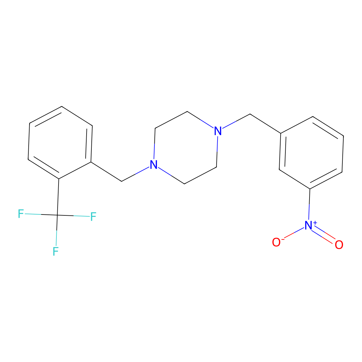 1-[(3-Nitrophenyl)methyl]-4-[[2-(trifluoromethyl)phenyl]methyl]piperazine molecular structure, CAS 423155-21-9