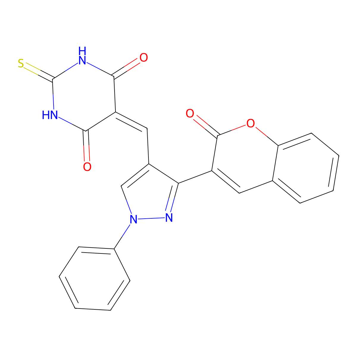 5-[[3-(2-Oxochromen-3-yl)-1-phenyl-pyrazol-4-yl]methylene]-2-thioxo-hexahydropyrimidine-4,6-dione molecular structure, CAS 423155-28-6