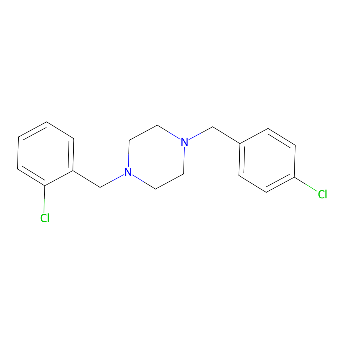 1-[(2-Chlorophenyl)methyl]-4-[(4-chlorophenyl)methyl]piperazine molecular structure, CAS 423155-36-6
