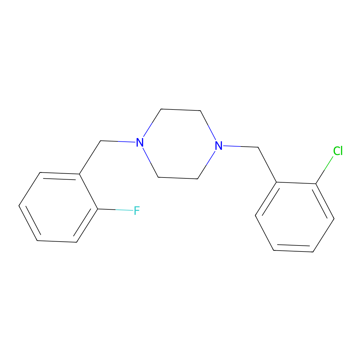 1-[(2-Chlorophenyl)methyl]-4-[(2-fluorophenyl)methyl]piperazine molecular structure, CAS 423155-46-8