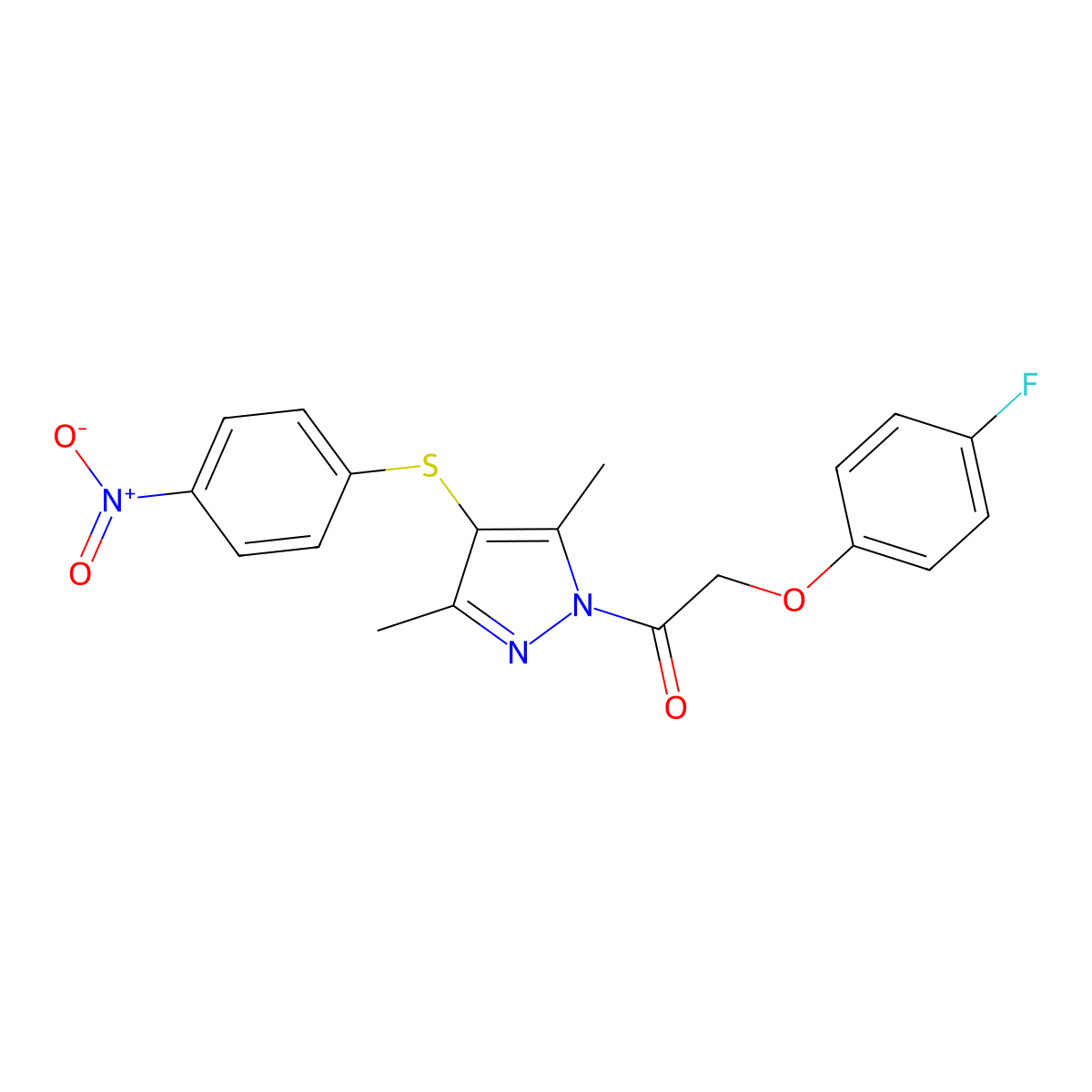 1-[3,5-Dimethyl-4-(4-nitrophenyl)sulfanylpyrazol-1-yl]-2-(4-fluorophenoxy)ethanone molecular structure, CAS 423155-67-3