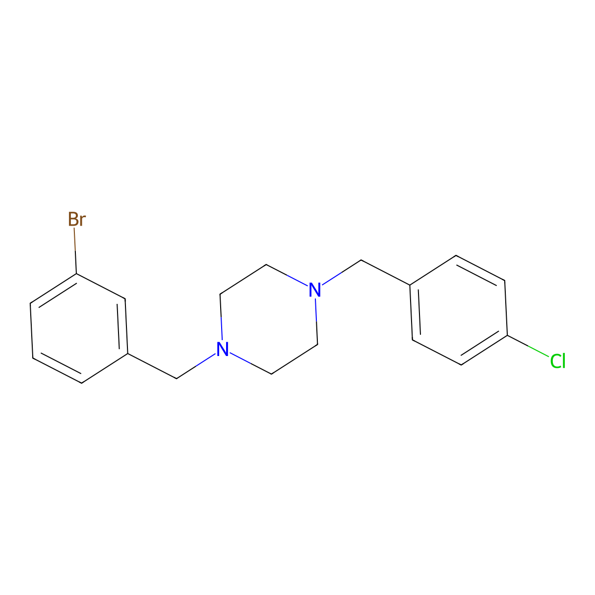 1-[(3-Bromophenyl)methyl]-4-[(4-chlorophenyl)methyl]piperazine molecular structure, CAS 423155-68-4