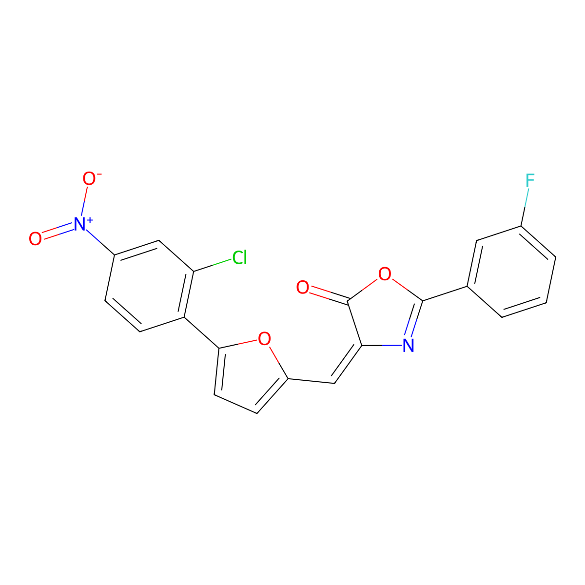 4-[[5-(2-Chloro-4-nitrophenyl)-2-furanyl]methylene]-2-(3-fluorophenyl)-5(4H)-oxazolone molecular structure, CAS 423724-01-0