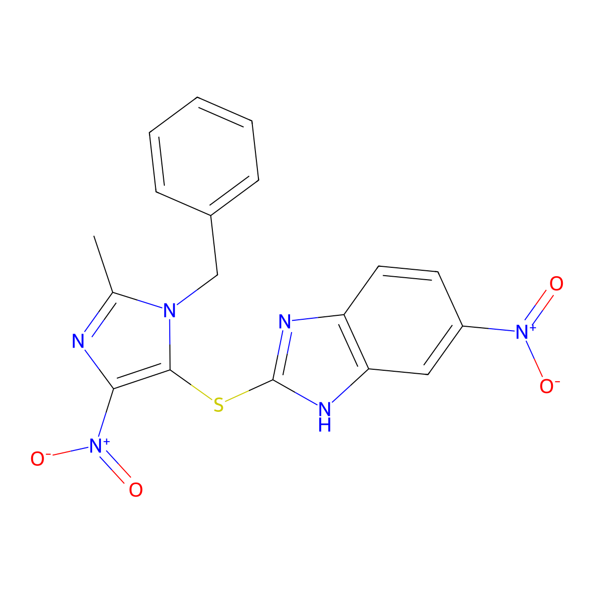 2-[[2-methyl-5-nitro-3-(phenylmethyl)-4-imidazolyl]thio]-6-nitro-1H-benzimidazole molecular structure, CAS 423728-72-7