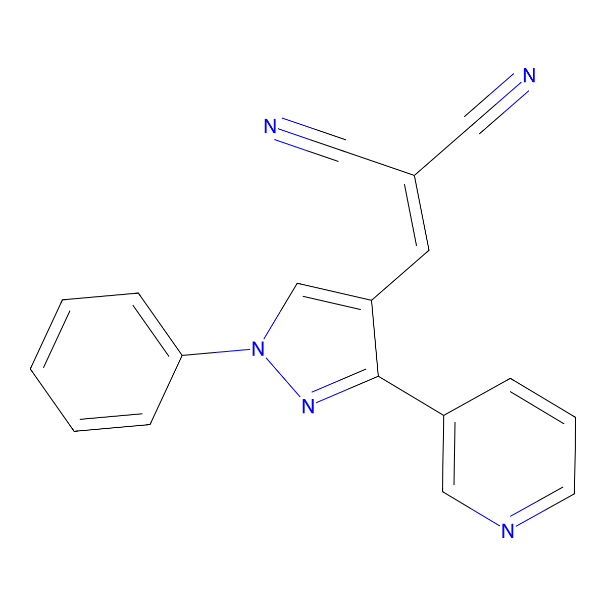2-((1-phenyl-3-(pyridin-3-yl)-1H-pyrazol-4-yl)methylene)malononitrile molecular structure, CAS 423728-77-2