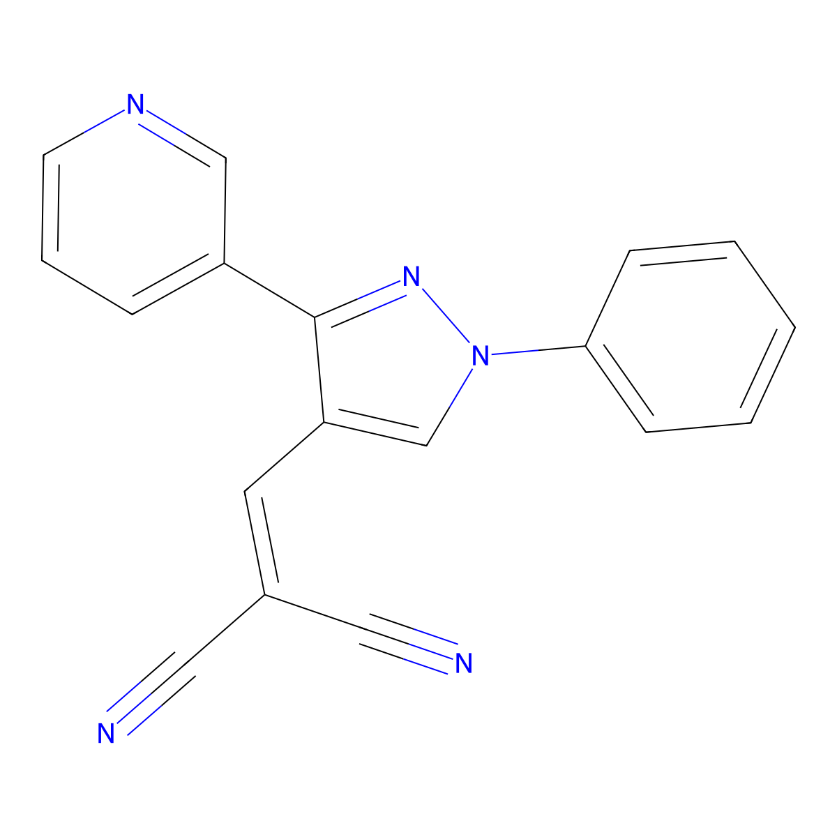 2-((1-phenyl-3-(pyridin-3-yl)-1H-pyrazol-4-yl)methylene)malononitrile molecular structure, CAS 423728-77-2
