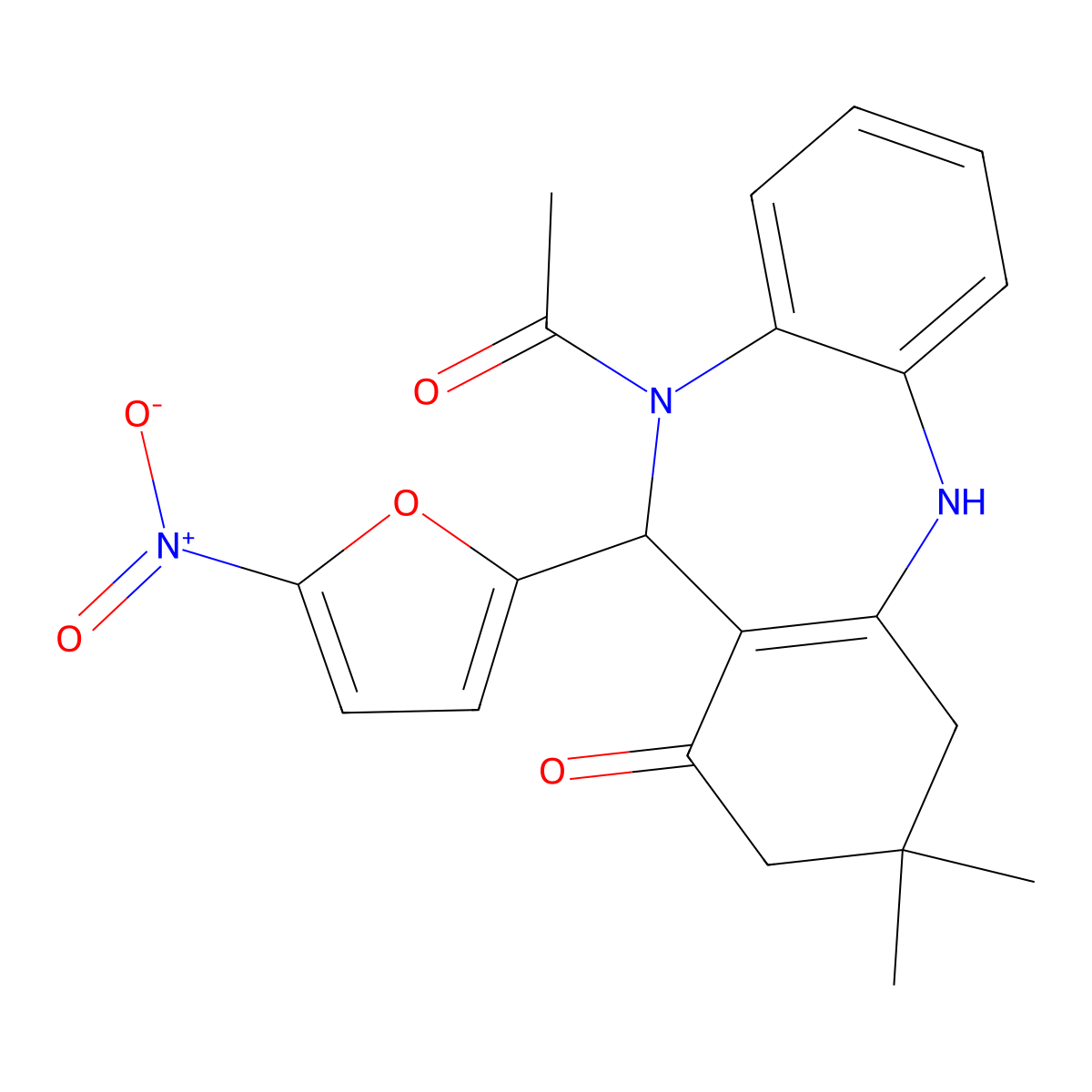 5-Acetyl-9,9-dimethyl-6-(5-nitrofuran-2-yl)-6,8,10,11-tetrahydrobenzo[b][1,4]benzodiazepin-7-one molecular structure, CAS 423728-88-5
