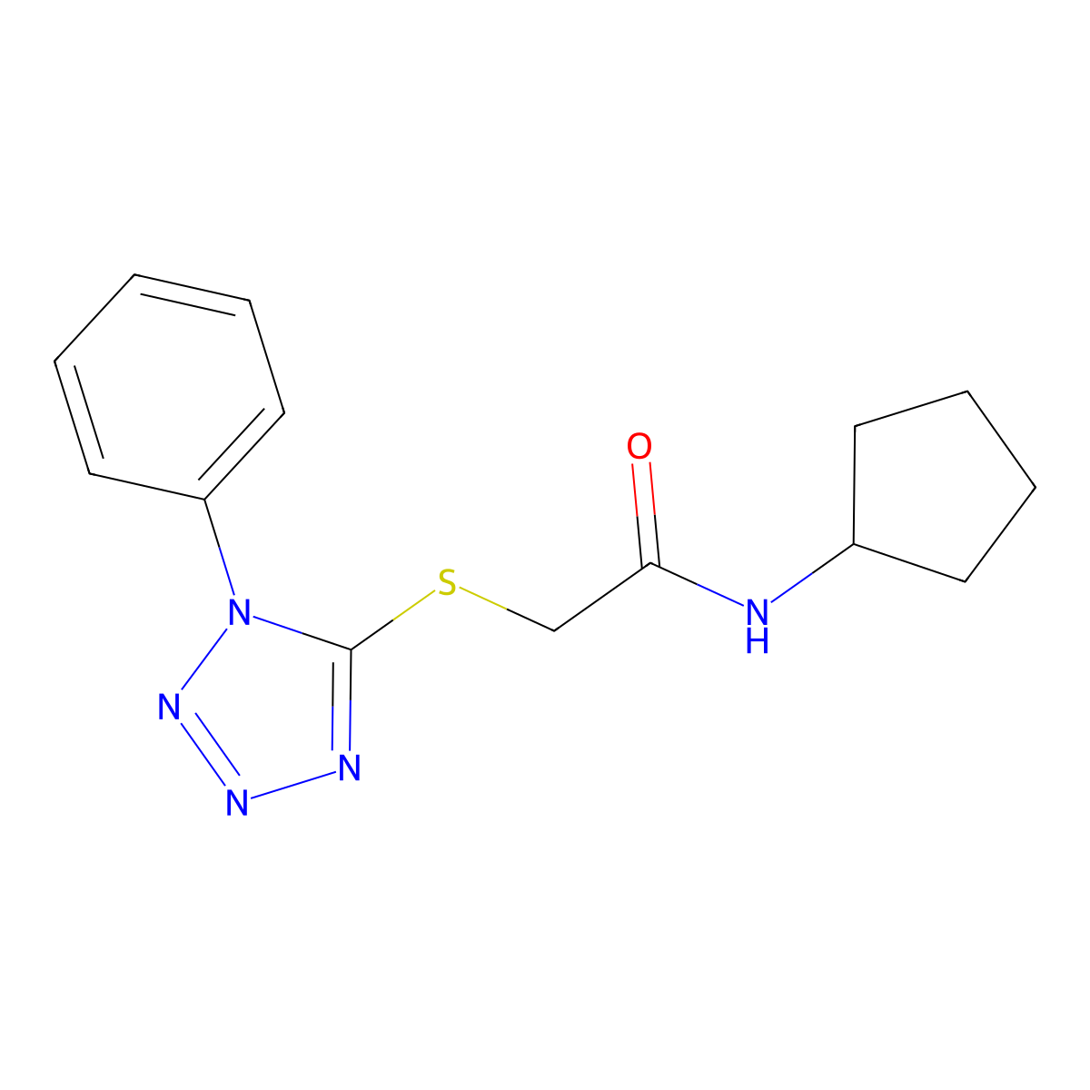 N-cyclopentyl-2-(1-phenyltetrazol-5-yl)sulfanylacetamide molecular structure, CAS 423728-97-6