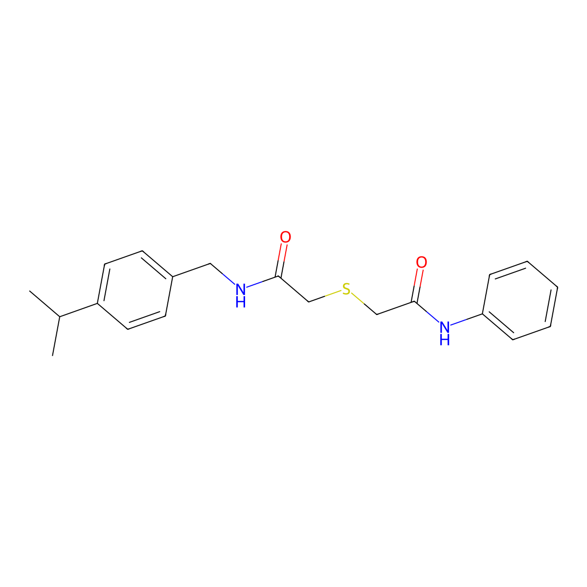 2-(2-anilino-2-oxoethyl)sulfanyl-N-[(4-propan-2-ylphenyl)methyl]acetamide molecular structure, CAS 423729-65-1