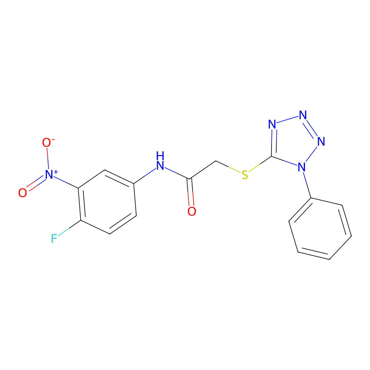 N-(4-fluoro-3-nitrophenyl)-2-(1-phenyltetrazol-5-yl)sulfanylacetamide molecular structure, CAS 423729-87-7