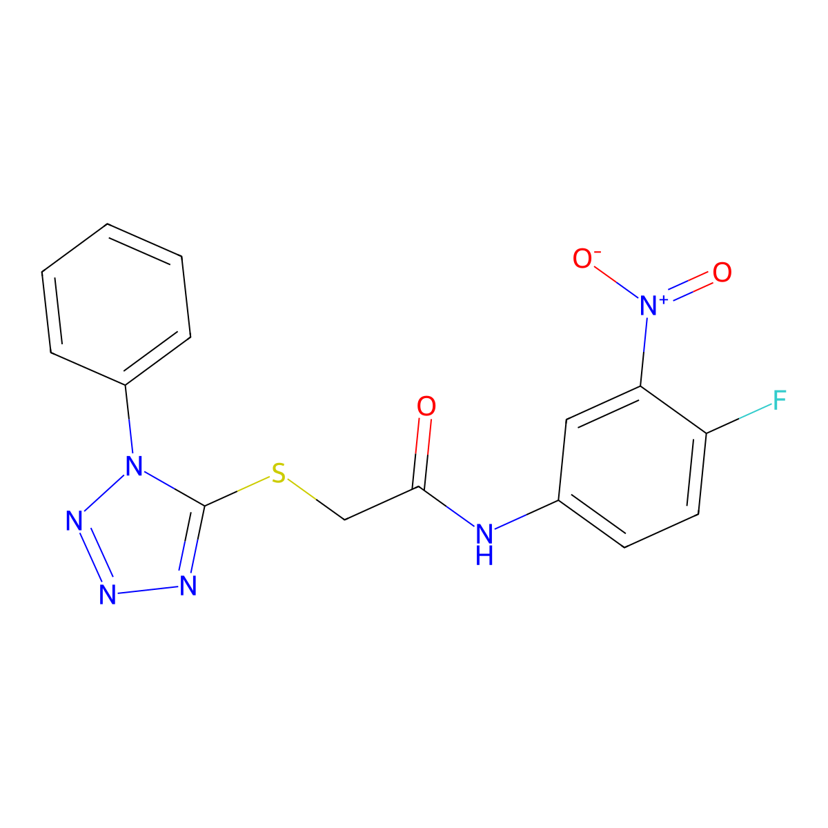 N-(4-fluoro-3-nitrophenyl)-2-(1-phenyltetrazol-5-yl)sulfanylacetamide molecular structure, CAS 423729-87-7