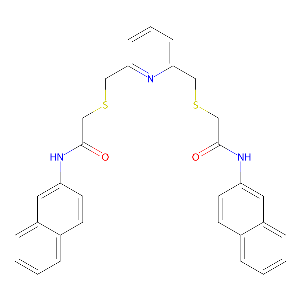N-naphthalen-2-yl-2-[[6-[[2-(naphthalen-2-ylamino)-2-oxoethyl]sulfanylmethyl]pyridin-2-yl]methylsulfanyl]acetamide molecular structure, CAS 423730-08-9