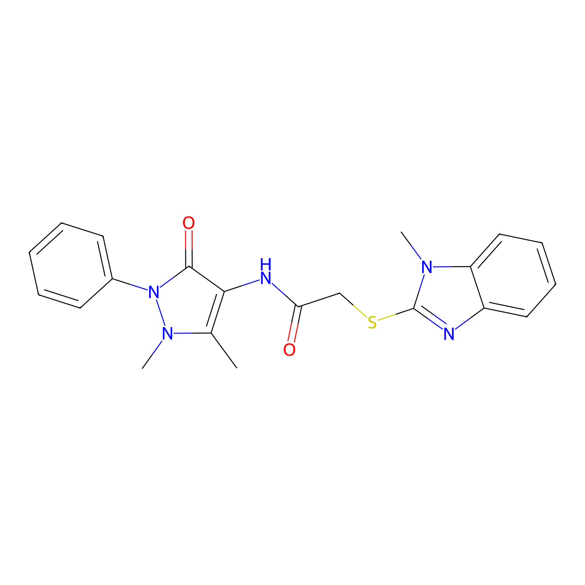 N-(1,5-dimethyl-3-oxo-2-phenylpyrazol-4-yl)-2-(1-methylbenzimidazol-2-yl)sulfanylacetamide molecular structure, CAS 423730-35-2