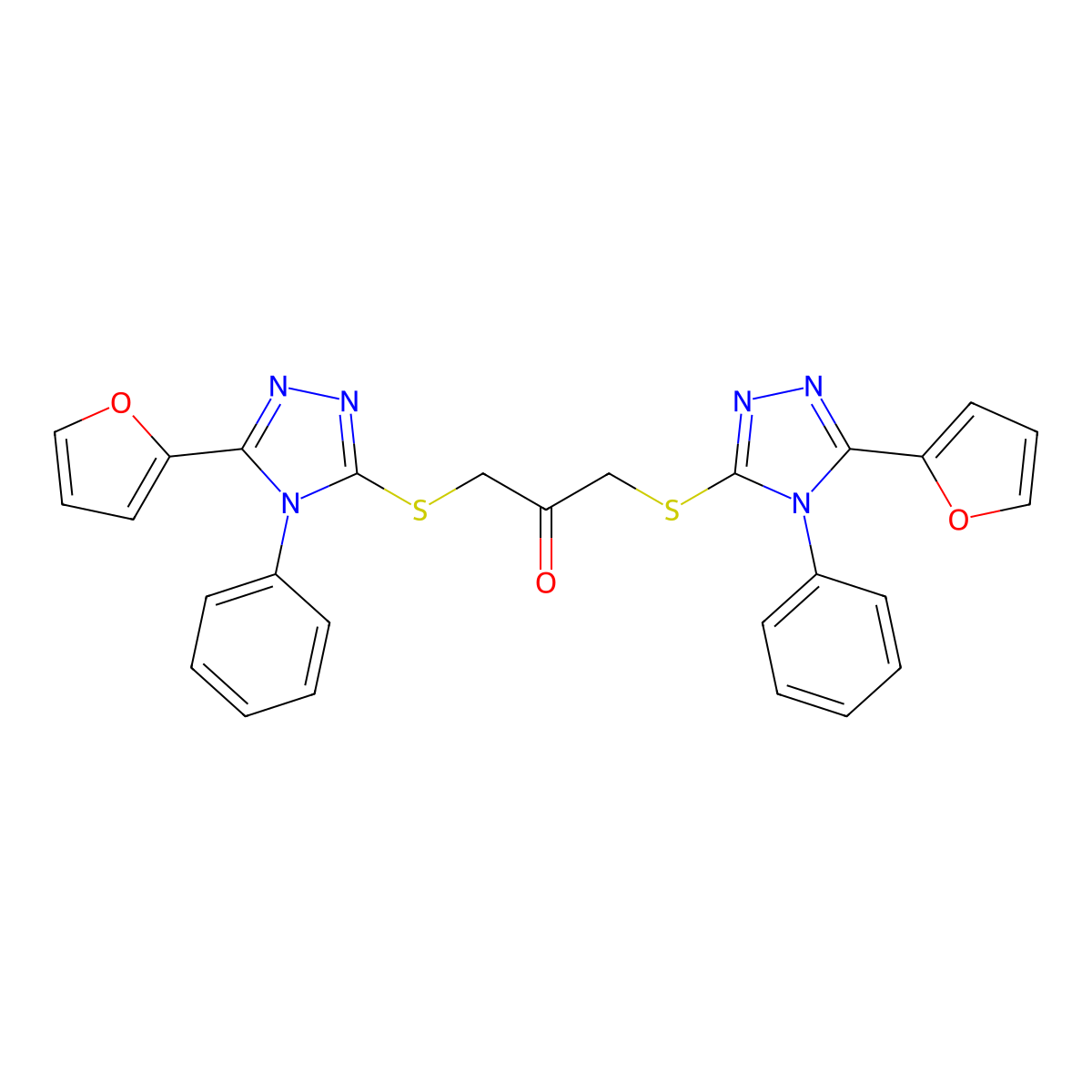 1,3-Bis[[5-(furan-2-yl)-4-phenyl-1,2,4-triazol-3-yl]sulfanyl]propan-2-one molecular structure, CAS 423730-55-6