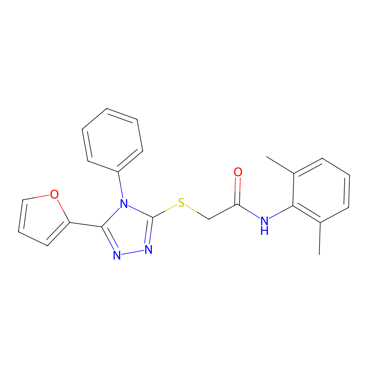 N-(2,6-dimethylphenyl)-2-[[5-(furan-2-yl)-4-phenyl-1,2,4-triazol-3-yl]sulfanyl]acetamide molecular structure, CAS 423730-80-7