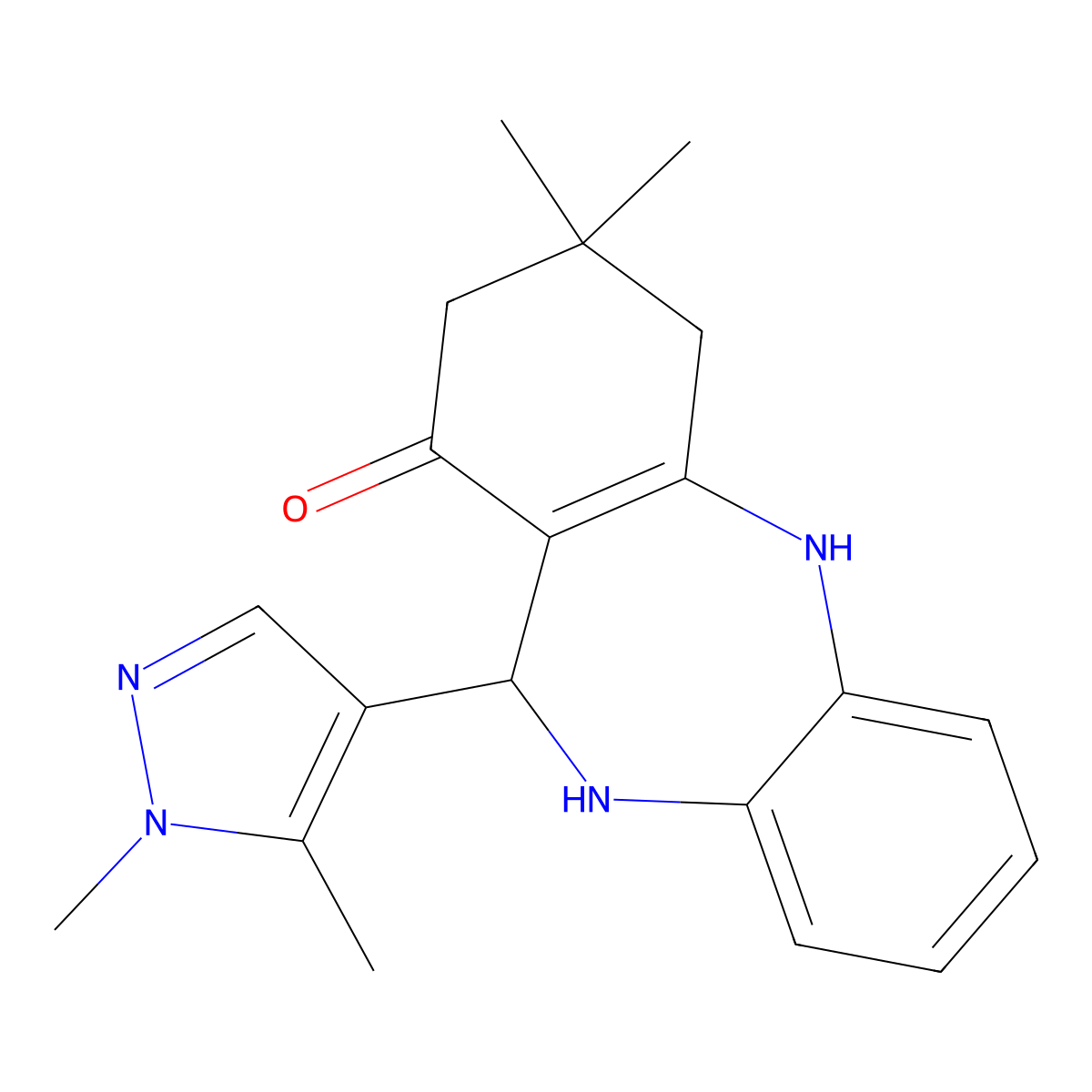 6-(1,5-dimethylpyrazol-4-yl)-9,9-dimethyl-6,8,10,11-tetrahydro-5H-benzo[b][1,4]benzodiazepin-7-one molecular structure, CAS 423730-99-8