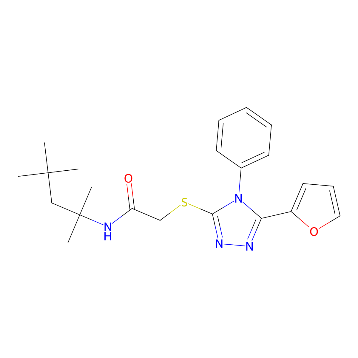 2-[[5-(furan-2-yl)-4-phenyl-1,2,4-triazol-3-yl]sulfanyl]-N-(2,4,4-trimethylpentan-2-yl)acetamide molecular structure, CAS 423731-52-6