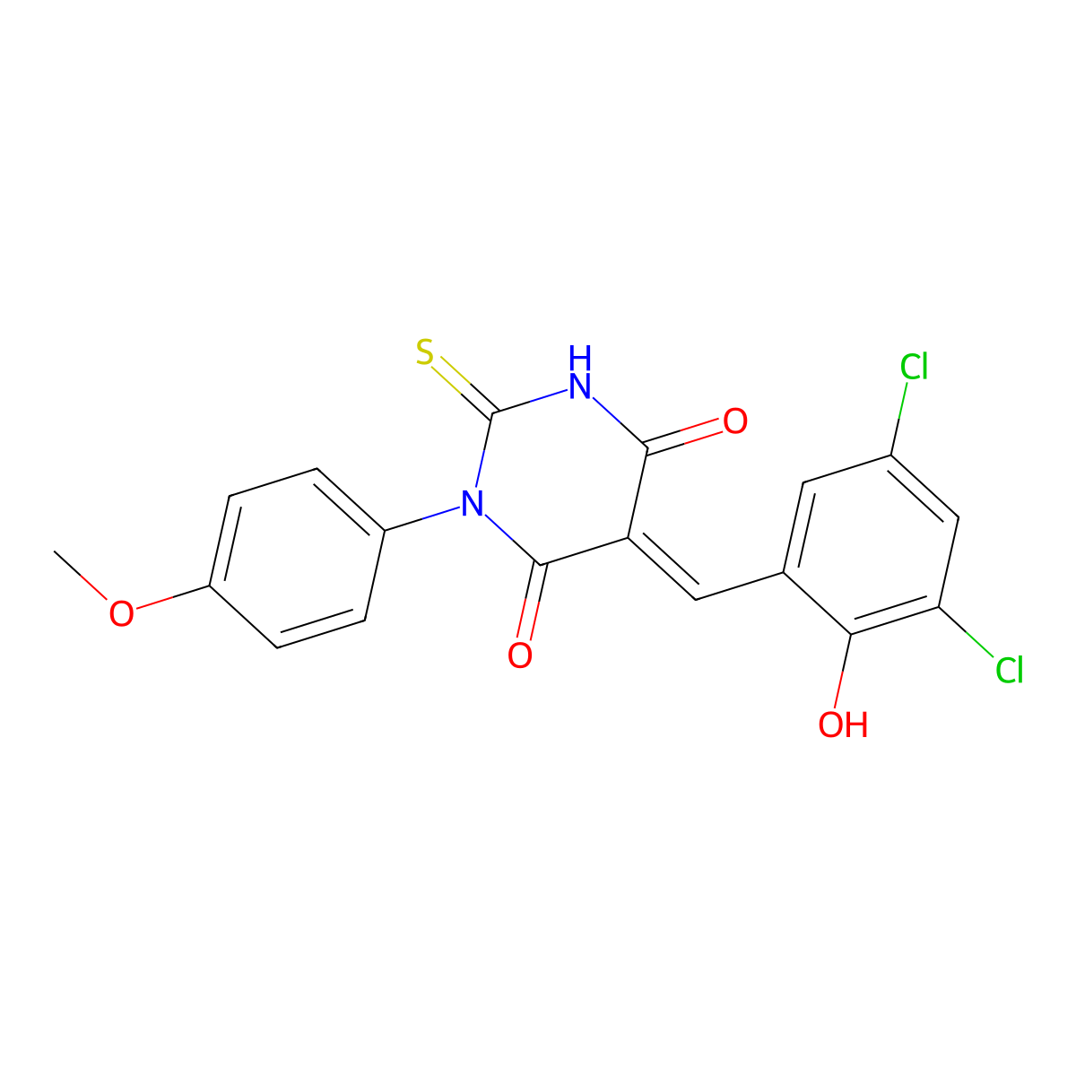 5-[(3,5-Dichloro-2-hydroxyphenyl)methylene]dihydro-1-(4-methoxyphenyl)-2-thioxo-4,6(1H,5H)-pyrimidinedione molecular structure, CAS 423732-03-0