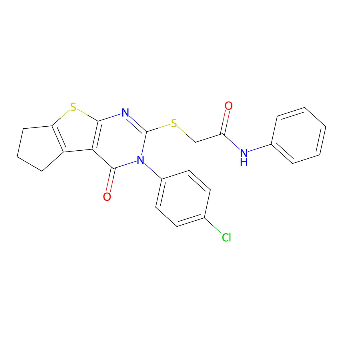 2-{[3-(4-chlorophenyl)-4-oxo-3,5,6,7-tetrahydro-4H-cyclopenta[4,5]thieno[2,3-d]pyrimidin-2-yl]sulfanyl}-N-phenylacetamide molecular structure, CAS 423732-72-3