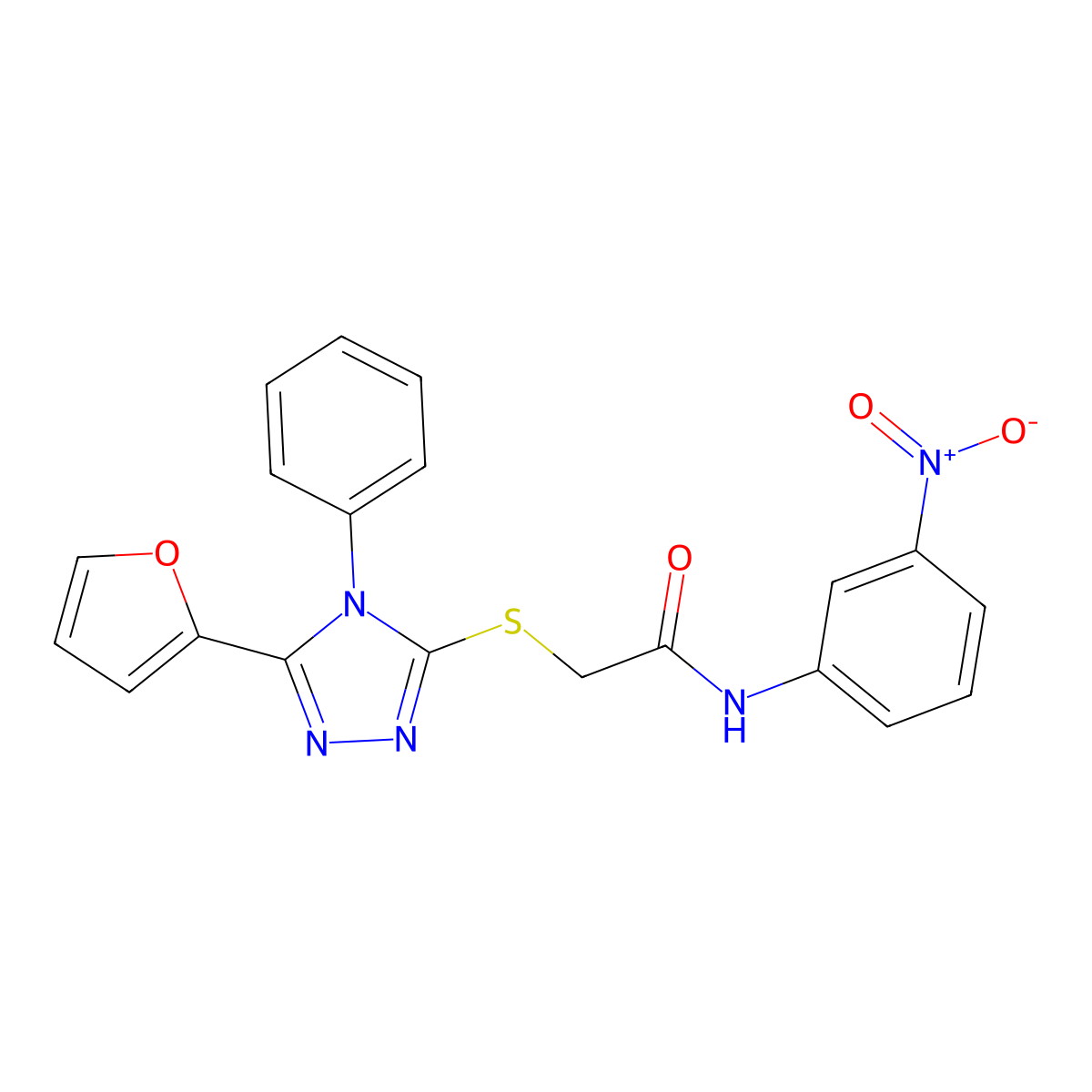 2-[[5-(furan-2-yl)-4-phenyl-1,2,4-triazol-3-yl]sulfanyl]-N-(3-nitrophenyl)acetamide molecular structure, CAS 423735-37-9