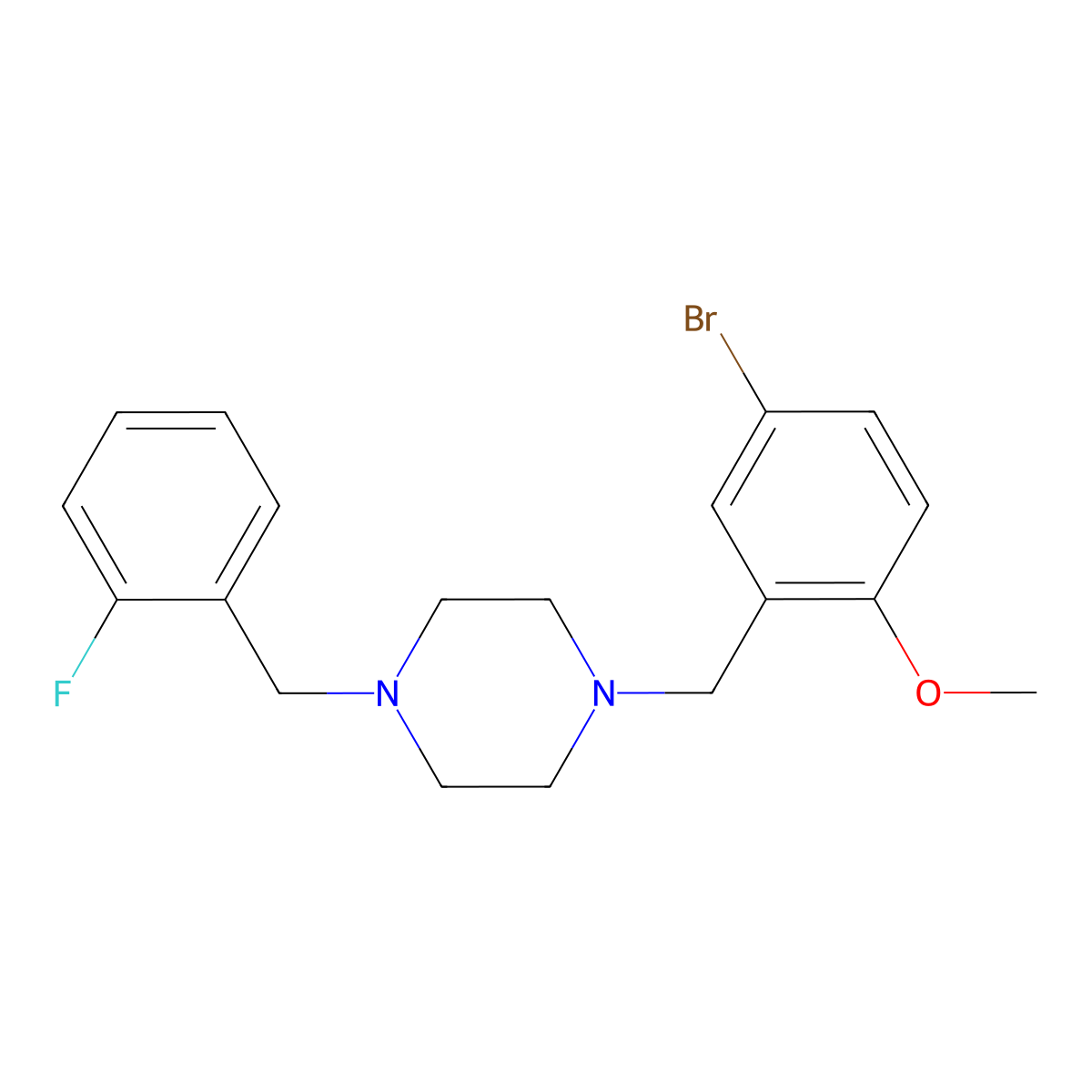 1-[(5-Bromo-2-methoxyphenyl)methyl]-4-[(2-fluorophenyl)methyl]piperazine molecular structure, CAS 423735-56-2